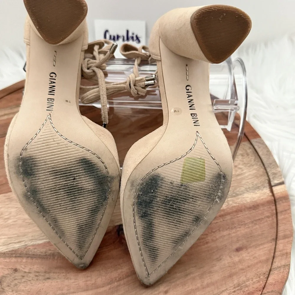 Gianni Bini Bealiina Pumps Womens 7M Tan Excellent Suede Lace Up Block Heel